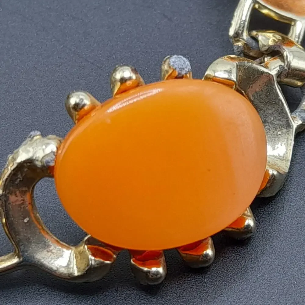 Vintage Orange Moonglow Bracelet, Gold Tone, 7